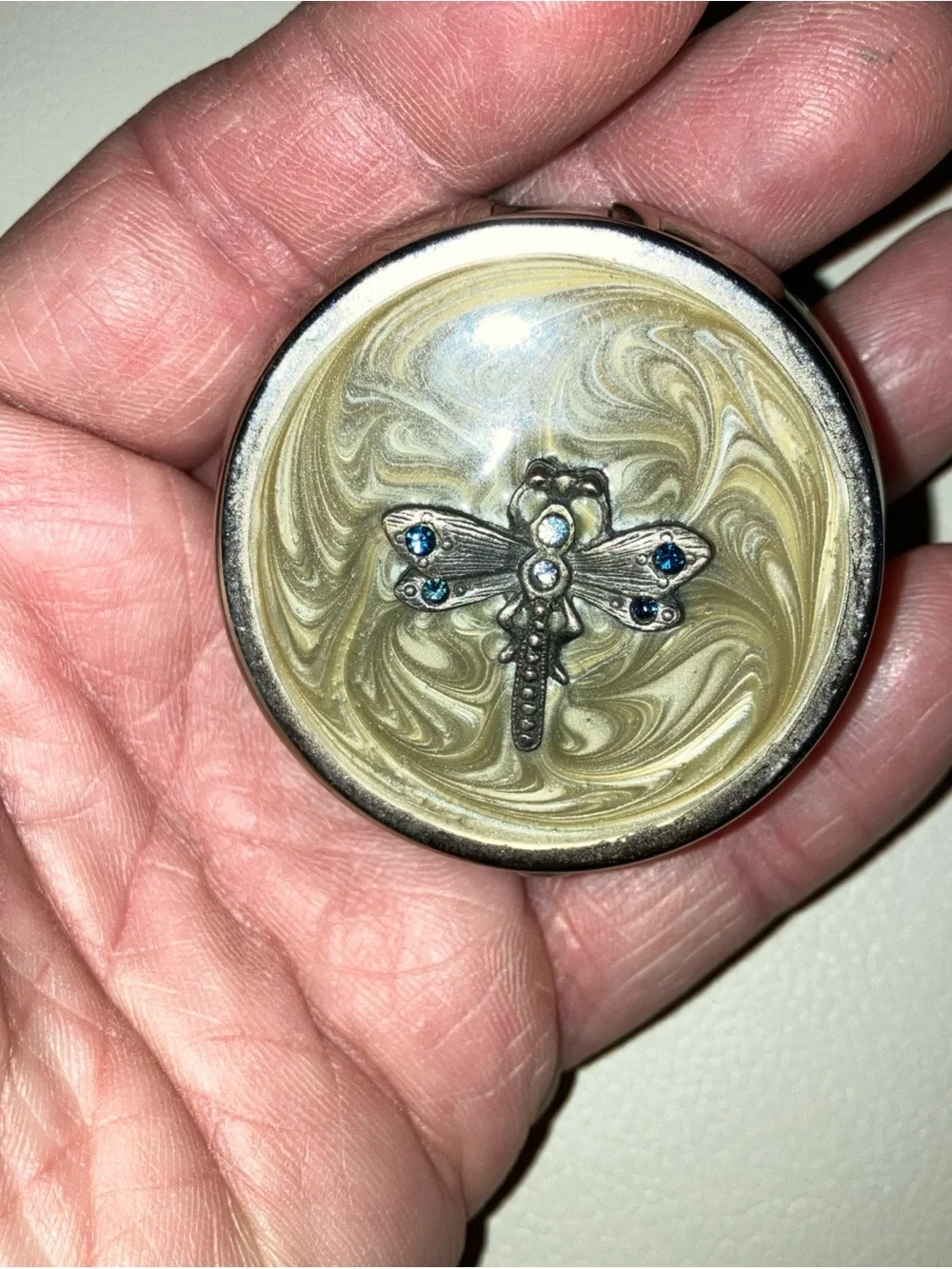 Dragonfly Accent Jewelry Pill Box - Silver and Cream Has Mirror